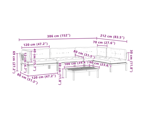 Set de sofás de palets de jardín y cojines 5 pzas madera acacia