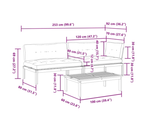 Set de sofás de palets de jardín y cojines 3 pzas madera acacia