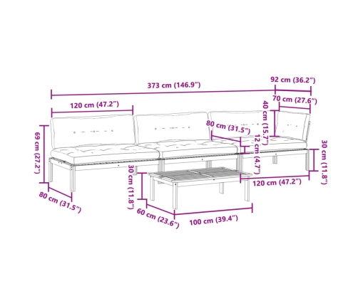 Set de sofás de palets de jardín y cojines 4 pzas madera acacia