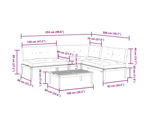 Set de sofás de palets de jardín y cojines 4 pzas madera acacia