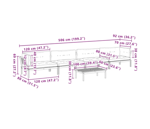 Set de sofás de palets de jardín y cojines 5 pzas madera acacia