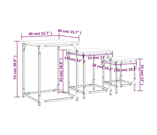 Mesas de centro apilables 3 pzas madera ingeniería roble marrón