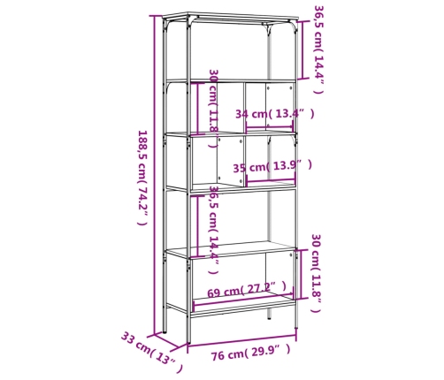 Librería 5 estantes madera de ingeniería roble 76x33x188,5 cm