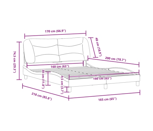 vidaXL Estructura de cama con cabecero de tela color crema 160x200 cm