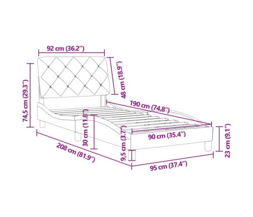 Estructura de cama con cabecero terciopelo gris claro 90x190 cm