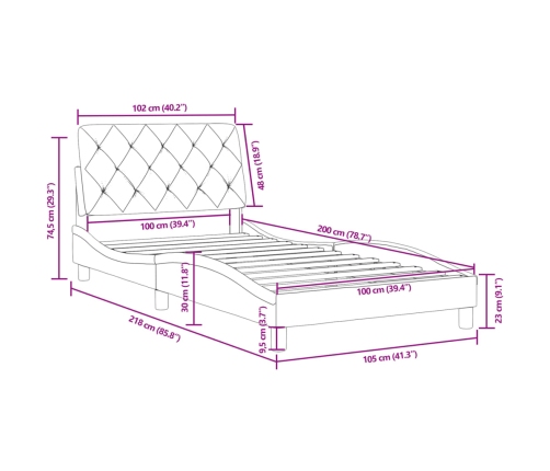 Estructura de cama con cabecero terciopelo gris claro 100x200cm