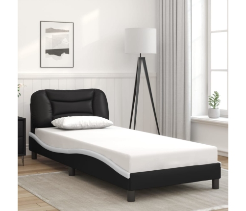 Cama con cabecero cuero sintético negro y blanco 80x200 cm