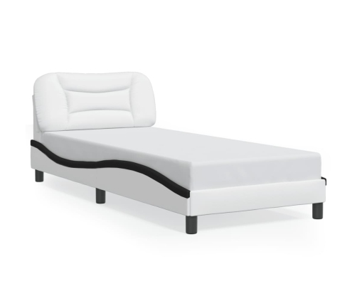 Estructura cama cabecero cuero sintético blanco negro 90x200 cm