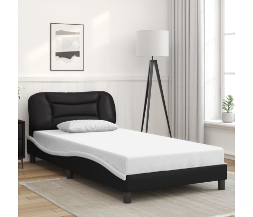 Estructura de cama con cabecero cuero sintético negro y blanco