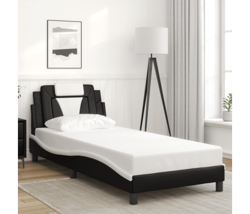 Estructura de cama con cabecero cuero sintético negro y blanco