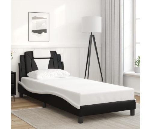 Estructura cama cabecero cuero sintético negro blanco 90x200 cm