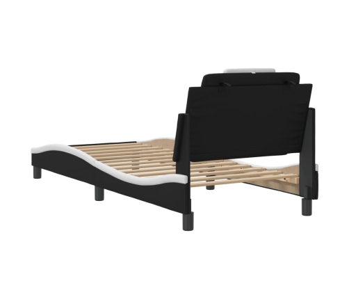 Estructura cama cabecero cuero sintético negro blanco 90x200 cm