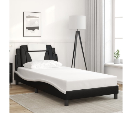 Estructura de cama con cabecero cuero sintético negro y blanco