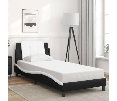 Cama con cabecero cuero sintético negro y blanco 80x200 cm