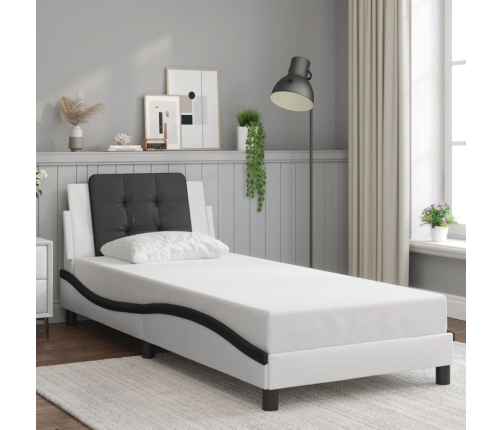 Estructura cama cabecero cuero sintético blanco negro 90x200 cm