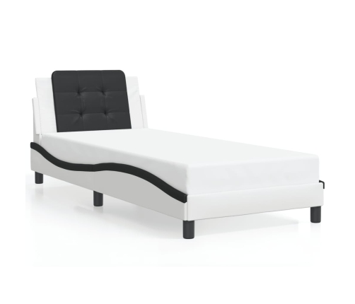 Estructura cama cabecero cuero sintético blanco negro 90x200 cm