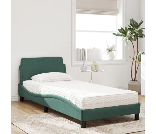 Cama con colchón terciopelo verde oscuro 90x190 cm