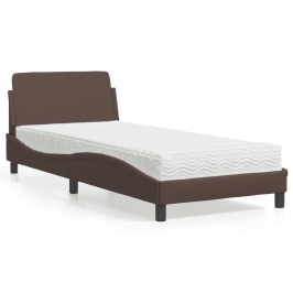Cama con colchón cuero sintético marrón 90x200 cm