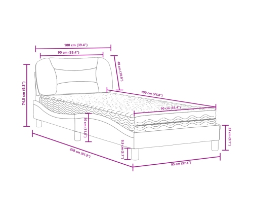 Cama con colchón tela gris claro 90x190 cm