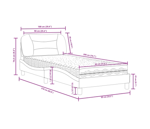 Cama con colchón tela marrón oscuro 90x200 cm