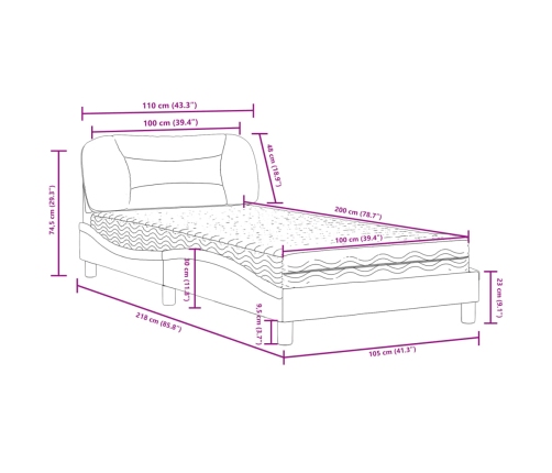 Cama con colchón tela gris taupe 100x200 cm