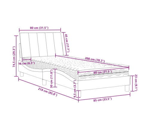 Cama con colchón terciopelo gris claro 80x200 cm