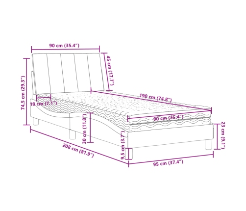 Cama con colchón terciopelo gris claro 90x190 cm