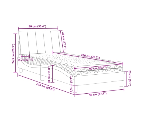 Cama con colchón terciopelo gris claro 90x200 cm