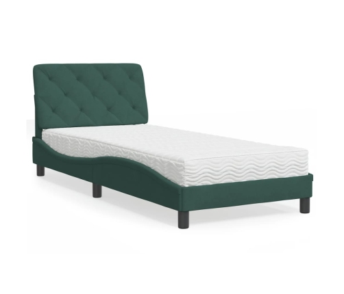 Cama con colchón terciopelo verde oscuro 90x190 cm