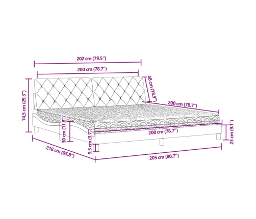 vidaXL Cama con colchón terciopelo azul oscuro 200x200 cm