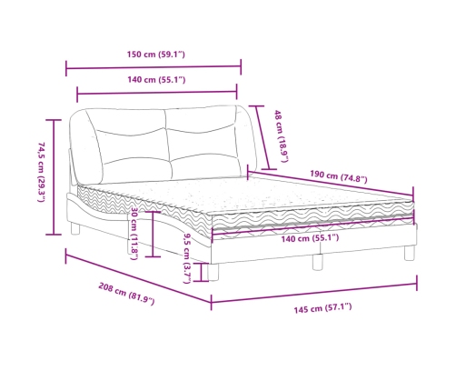 Cama con colchón cuero sintético blanco 140x190 cm