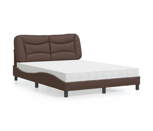 Cama con colchón cuero sintético marrón 140x190 cm