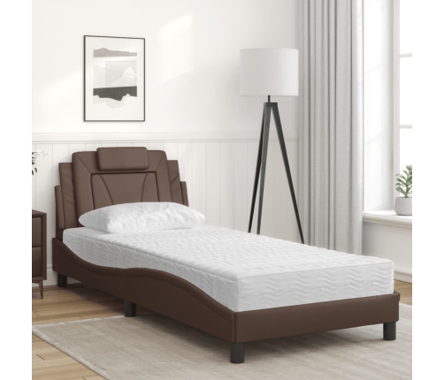 Cama con colchón cuero sintético marrón 90x200 cm