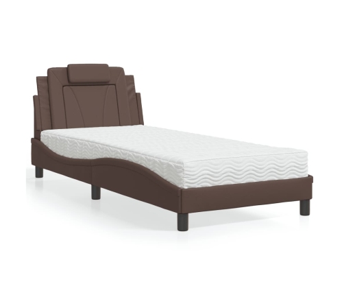 Cama con colchón cuero sintético marrón 90x200 cm