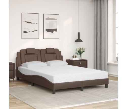 Cama con colchón cuero sintético marrón 140x200 cm