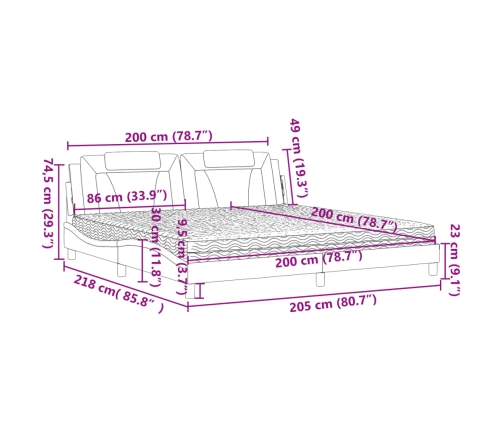 Cama con colchón cuero sintético marrón 200x200 cm