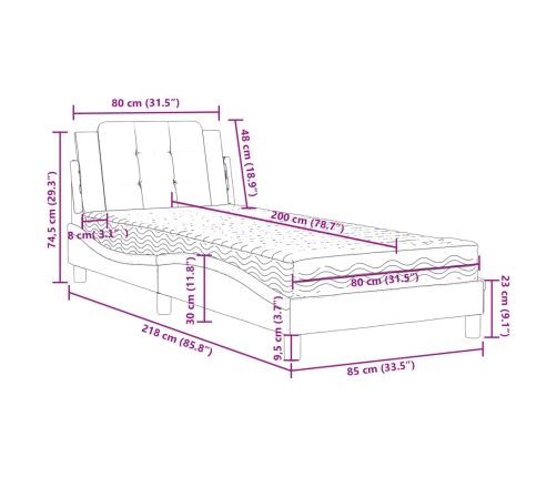 Cama con colchón cuero sintético gris 80x200 cm