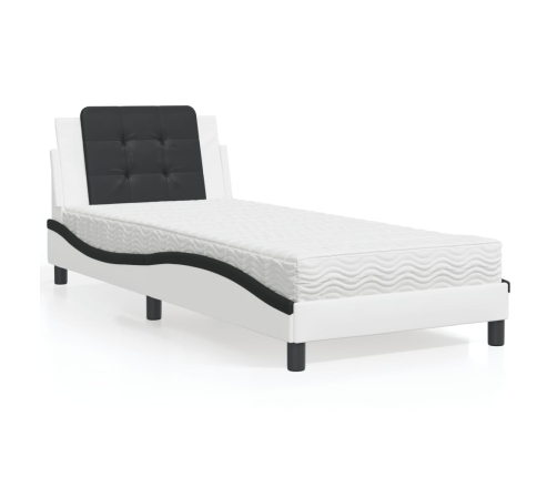 Cama con colchón cuero sintético blanco y negro 90x190 cm