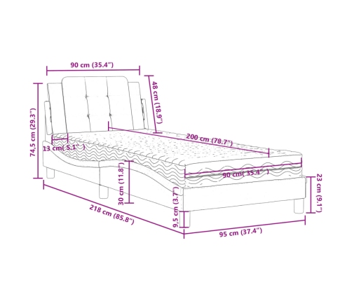 Cama con colchón cuero sintético blanco 90x200 cm