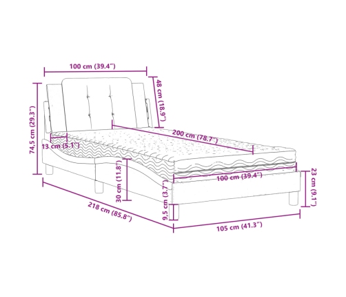 Cama con colchón cuero sintético marrón 100x200 cm