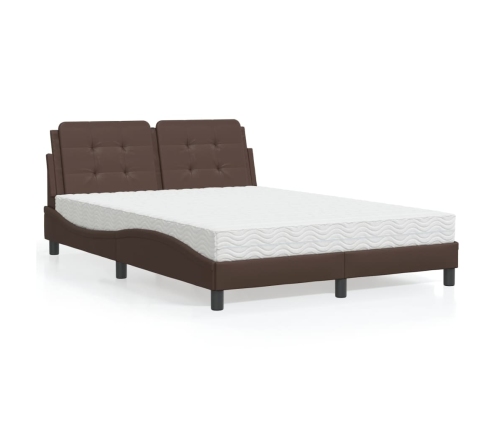 Cama con colchón cuero sintético marrón 140x190 cm