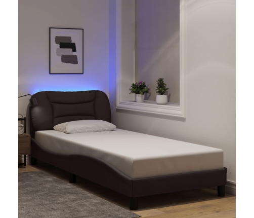 Estructura cama con LED sin colchón tela marrón oscuro 90x200cm