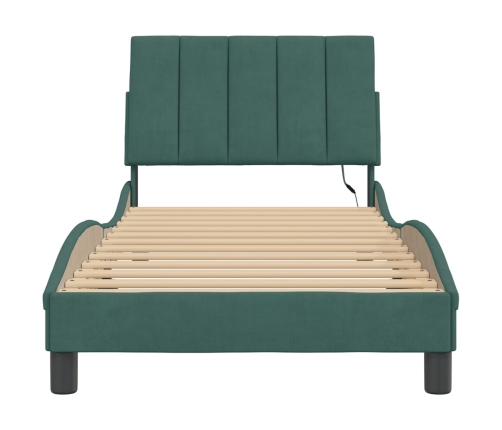 Estructura cama con luces LED terciopelo verde oscuro 90x190 cm