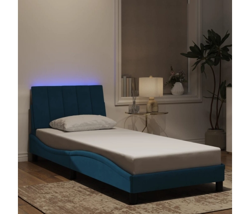 Estructura cama con luces terciopelo azul 90x190 cm