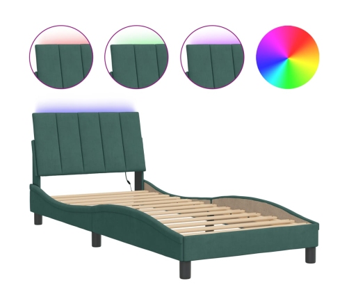 Estructura cama con luces LED terciopelo verde oscuro 90x200 cm