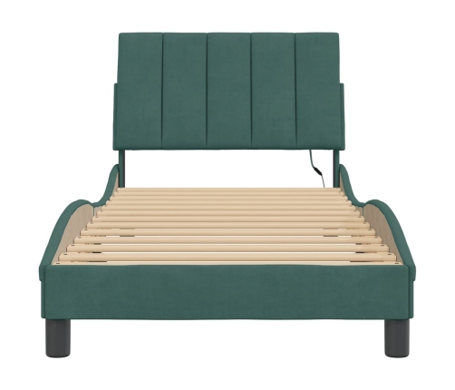 Estructura cama con luces LED terciopelo verde oscuro 90x200 cm