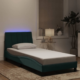 Estructura cama con luces LED terciopelo verde oscuro 90x200 cm