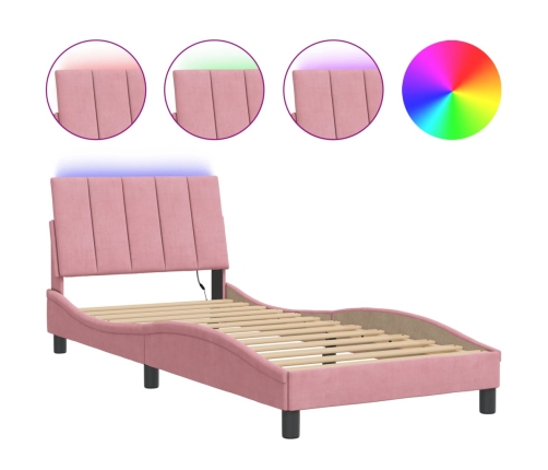 Estructura de cama con luces LED terciopelo rosa 90x200 cm