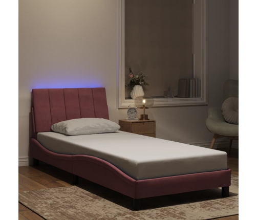 Estructura de cama con luces LED terciopelo rosa 90x200 cm