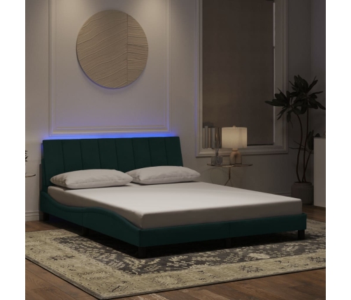 Estructura cama con luces LED terciopelo verde oscuro 160x200cm